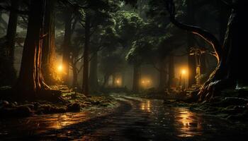 AI generated Mysterious forest at night, spooky beauty in nature generated by AI photo