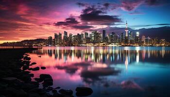 ai generado ciudad horizonte refleja en agua a oscuridad generado por ai foto