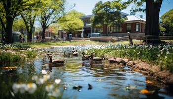 AI generated Tranquil scene, duck swimming in a green pond generated by AI photo