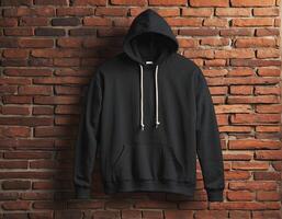 AI generated Black blank empty hoodie Mock up template isolated on brick wall background, clothing and fashion, lifestyle concept photo