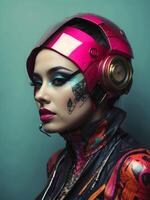 ai generado retrato de hermosa ciber punk joven tatuado mujer, futurista Moda concepto foto