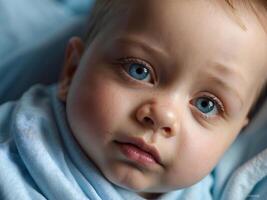 ai generado linda pequeño nuevo nacido bebé chico azul ojos retrato fondo, adorable niño pequeño, fondo de pantalla, foto