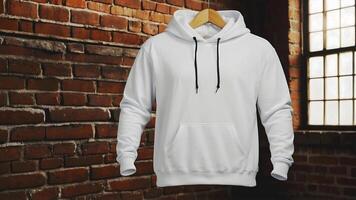 AI generated Blank white hoodie isolated on brick wall, empty hoodie mock up template, fashion and clothing background photo