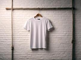 AI generated White blank empty t shirt Mock up template isolated on brick wall background, clothing and fashion, lifestyle concept photo