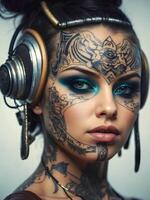 ai generado retrato de hermosa ciber punk joven tatuado mujer, futurista Moda concepto foto