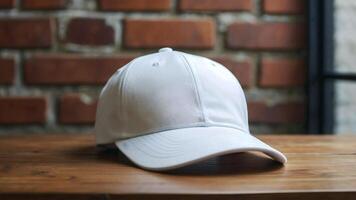 ai generado blanco blanco vacío béisbol gorra burlarse de arriba modelo aislado en ladrillo pared fondo, ropa y moda, estilo de vida concepto foto