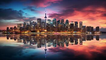 ai generado rascacielos iluminar ciudad horizonte a oscuridad, reflejando en agua generado por ai foto