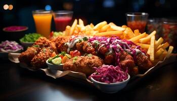 ai generado A la parrilla carne, papas fritas, ensalada, y bebida en plato generado por ai foto