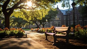 AI generated Relaxation in nature, sitting on a wooden bench generated by AI photo