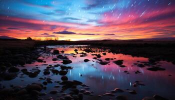 ai generado tranquilo puesta de sol terminado agua, naturaleza vibrante belleza generado por ai foto