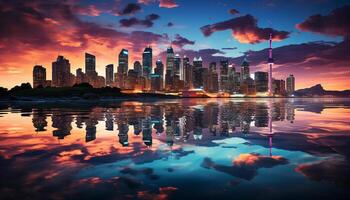 ai generado vibrante ciudad horizonte refleja en el frente al mar a oscuridad generado por ai foto