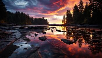 AI generated Majestic sunset over tranquil forest reflects in water generated by AI photo