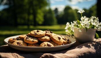 AI generated Homemade chocolate chip cookie on rustic wooden table generated by AI photo