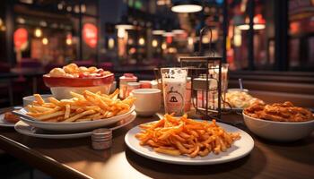 ai generado gastrónomo comida en mesa, papas fritas y bebida generado por ai foto