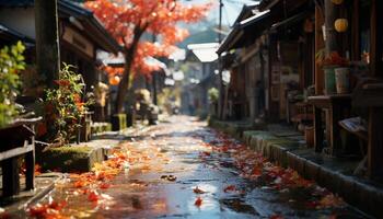 AI generated Autumn outdoors, multi colored leaf, old architecture, vibrant city generated by AI photo