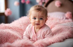 ai generado linda pequeño nuevo nacido bebé niña en rosado retrato fondo, adorable niño pequeño, fondo de pantalla, foto