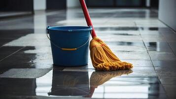 AI generated Cleaning mop and bucket concept template, tools banner with copy space area, background photo