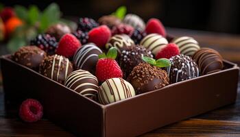 AI generated Gourmet chocolate truffle indulgence with raspberry variation generated by AI photo
