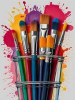 AI generated World art day template April 15th, painting brushes colour palette background, artistic banner photo