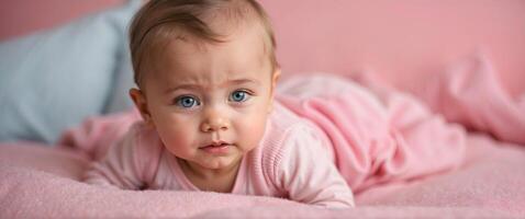 ai generado linda pequeño nuevo nacido bebé niña en rosado retrato fondo, adorable niño pequeño, fondo de pantalla, foto