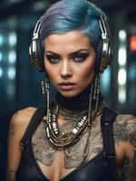 AI generated Portrait of beautiful cyber punk young tattooed woman, futuristic fashion concept photo