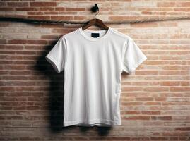 AI generated White blank empty t shirt Mock up template isolated on brick wall background, clothing and fashion, lifestyle concept photo