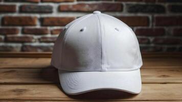 ai generado blanco blanco vacío béisbol gorra burlarse de arriba modelo aislado en ladrillo pared fondo, ropa y moda, estilo de vida concepto foto