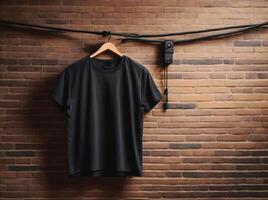 AI generated Black blank empty t shirt Mock up template isolated on brick wall background, clothing and fashion, lifestyle concept photo
