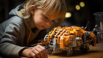 ai generado linda niño jugando con robótico brazo, aprendizaje Ingenieria generado por ai foto