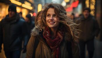 AI generated Smiling young adults enjoying winter outdoors in city generated by AI photo