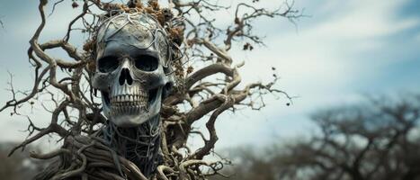 AI generated Ensnared Skull in Barren Tree photo