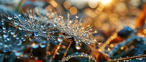 AI generated Macro shot of dew-covered dandelions backlit by the warm glow of the sunrise, creating a bokeh effect photo