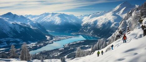 ai generado esquiadores ascendente Nevado alpino pendientes foto