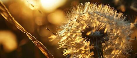 ai generado de cerca de un diente de león semilla cabeza iluminado por calentar dorado luz de sol foto