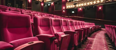 AI generated Empty cinema hall with rows of plush pink seats photo