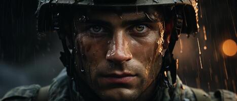 AI generated Soldier's Resilience in the Rain photo