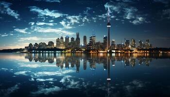 AI generated Skyscrapers reflect in water, cityscape illuminated at dusk generated by AI photo