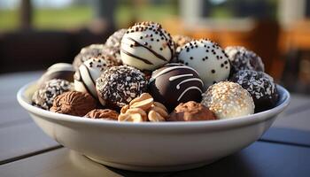 ai generado hecho en casa chocolate trufa pelota en un blanco plato generado por ai foto