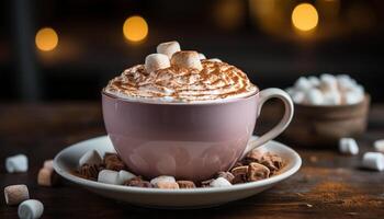 ai generado caliente chocolate en un rústico de madera jarra generado por ai foto