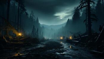AI generated Spooky forest, dark night, mystery mountain, abandoned car generated by AI photo