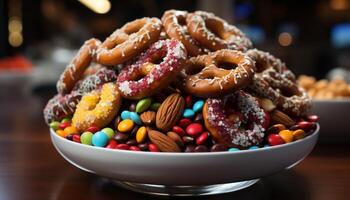 AI generated Stack of colorful donuts on wooden table generated by AI photo