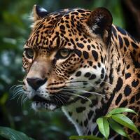 AI generated Jaguars inhabit jungles in Mexico, Central and South American. The jaguar is a large feline species native to the Americas.  Iit is the third-largest big cat in the world. photo