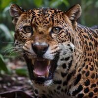 AI generated Jaguars inhabit jungles in Mexico, Central and South American. The jaguar is a large feline species native to the Americas.  Iit is the third-largest big cat in the world. photo