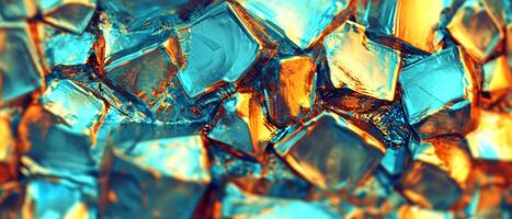 AI generated A vibrant close-up of glass-like textures with golden and turquoise hues, resembling ice or mineral formations photo