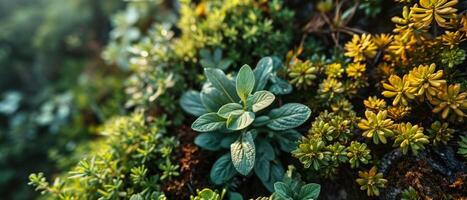 AI generated Close-up view of a diverse array of succulent plants, showcasing their varied textures and green to yellow tones photo