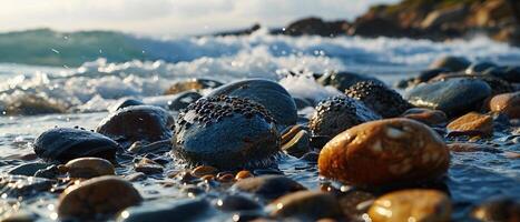 AI generated Wet pebbles glisten on the shore as waves break gently in the golden light of sunrise photo