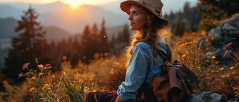 AI generated A contemplative woman in a straw hat rests in a wildflower meadow, enjoying the serene mountain sunset photo