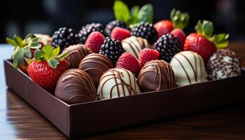 AI generated Gourmet dessert, chocolate truffle, raspberry, strawberry indulgence generated by AI photo
