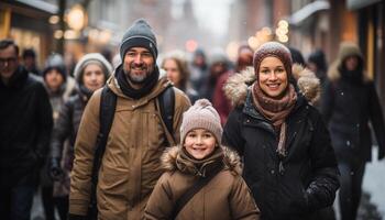 AI generated Smiling family walking in snow, enjoying winter vacations generated by AI photo