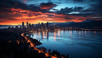 AI generated Cityscape at dusk, skyscrapers illuminated, reflecting on water generated by AI photo